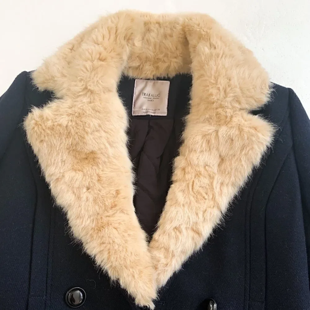 Zara Trafaluc Black Double Breasted Wool Pea Coat Faux Fur Collar Navy Blue Sz S - Picture 5 of 10